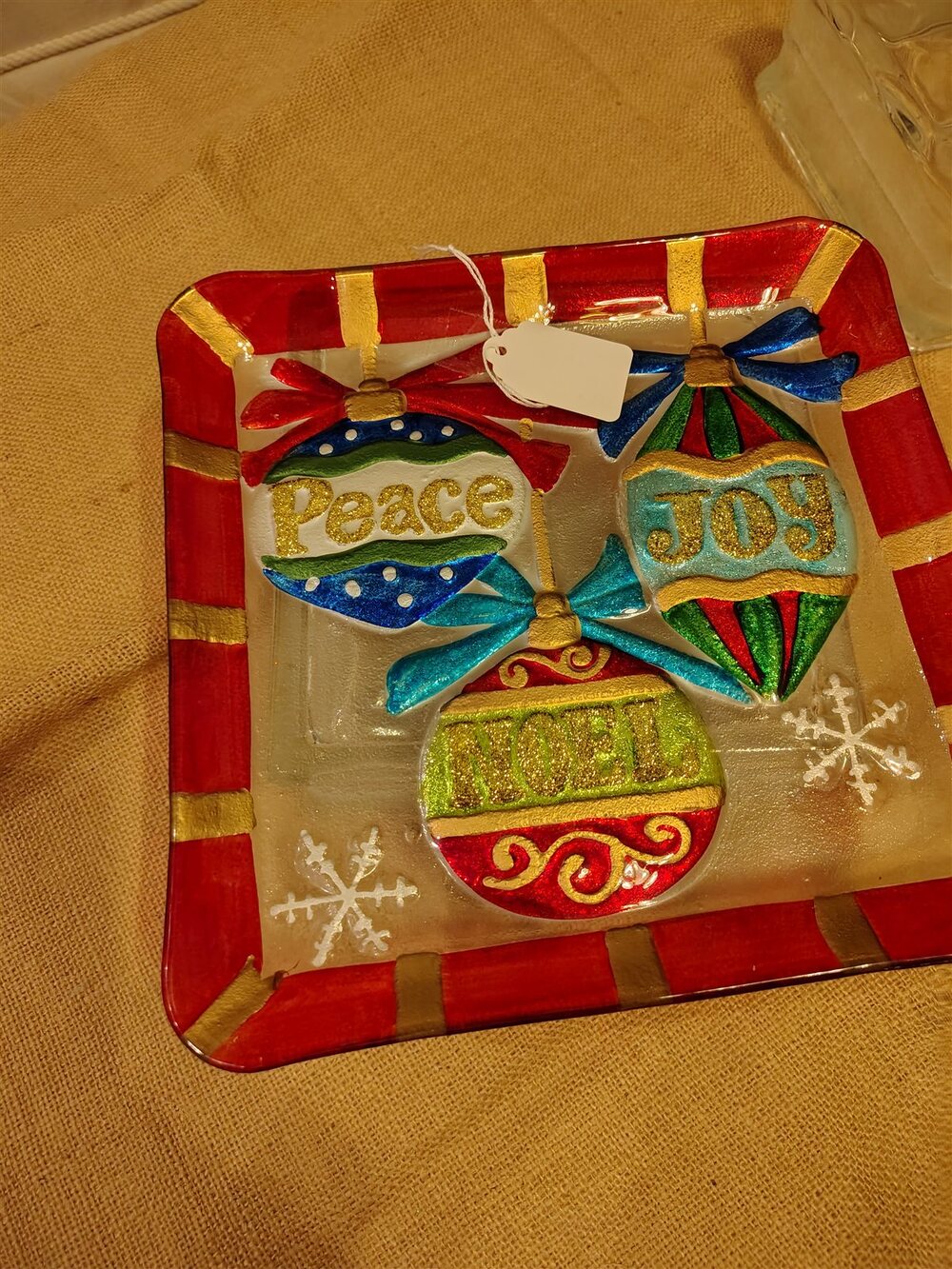 Christmas Ornament Glass Plates Peace Joy Noel Set of 2